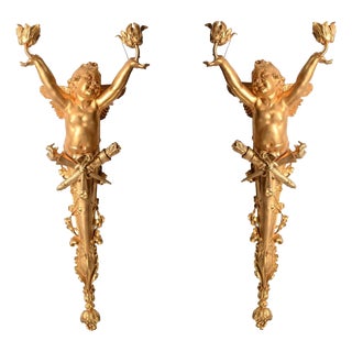 French Gilt Bronze Cherub Wall Lights, Set of 2 For Sale