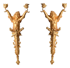 French Gilt Bronze Cherub Wall Lights, Set of 2