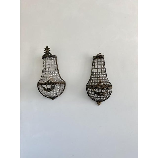 French Empire Style Basket Wall Sconces in Bronze and Crystal, 1920s, Set of 2 For Sale - Image 11 of 18