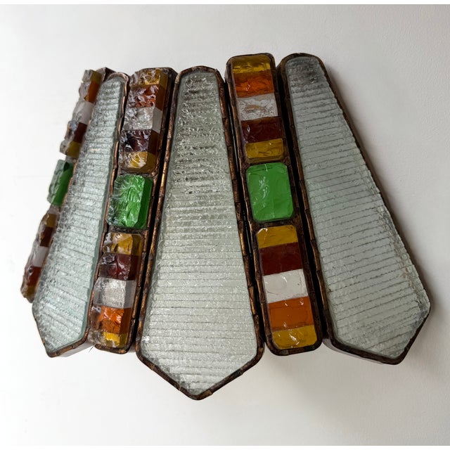 Mid-Century Modern set of 3 wall lamps lights sconce shammered glass and wrought iron, gilding gold copper patina, by the...