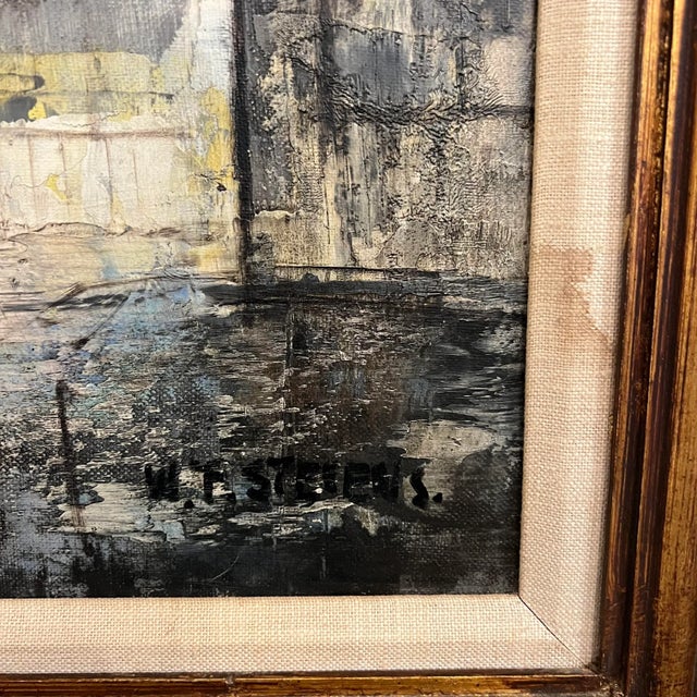 Textile Mid 20th Century Framed Oil on Canvas Cityscape by W. Stevens For Sale - Image 7 of 11