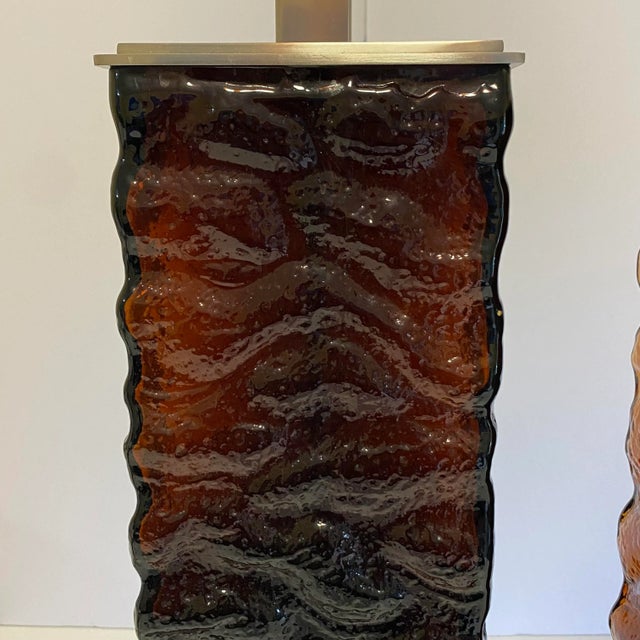 Amber-Brown Textured Wavy Glass Table Lamps in the Mid-Century Modern Taste - A Pair For Sale - Image 4 of 12