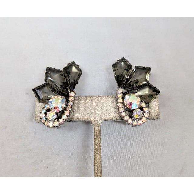 1960s Vintage 1960s Delizza & Elster Faux-Black Diamond & Aurora Borealis Clip Earrings-2 Pieces For Sale - Image 5 of 8