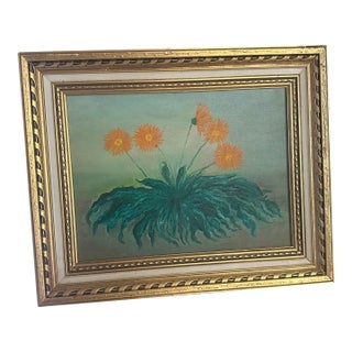 Mid-Century Painting of Daisies in Deep Saffron and Emerald Green For Sale