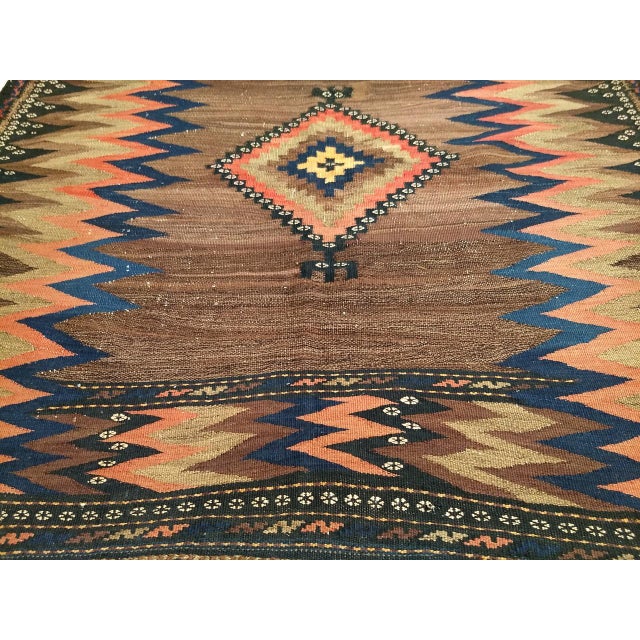 Textile Antique Persian Qashqai Tribal Sofreh Kilim Rug, Handwoven Wool, Geometric Pattern, Brown, 4x4 For Sale - Image 7 of 13