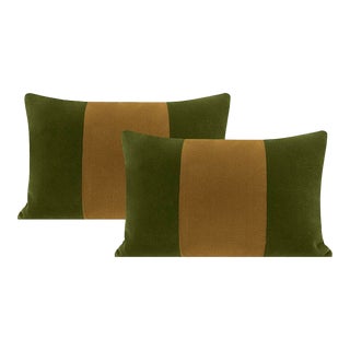 12" X 18" Olive + Bourbon Mohair Velvet Panel Lumbar Pillows - a Pair For Sale