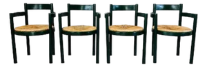 1960s Set of Four Italian Dining Armchairs in Green Lacquered Beech With Woven Rush Seats