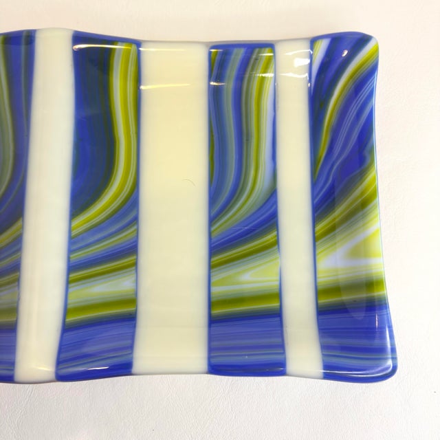 2000 - 2009 Vintage Fused Rectangular Wavy Striped Art Glass Plate Tray For Sale - Image 5 of 12
