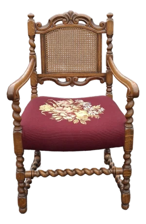 Early 20th C. Jacobean Style Barley Twist Oak, Cane and Upholstered Seat Armchair