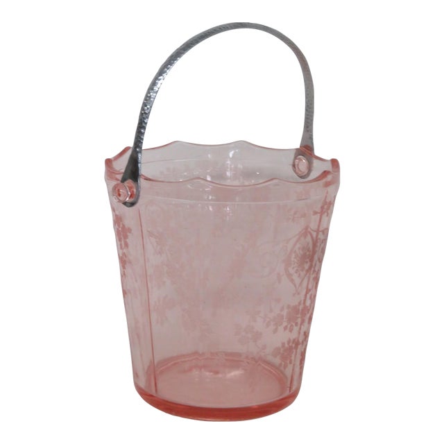 Early 20th Century Fostoria Versailles Pink Depression Glass Ice Bucket With Metal Handle 4503b For Sale
