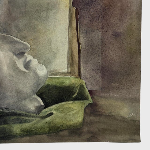 Antique French Still Life With Death Mask and Books (Watercolor on Paper) For Sale - Image 4 of 5