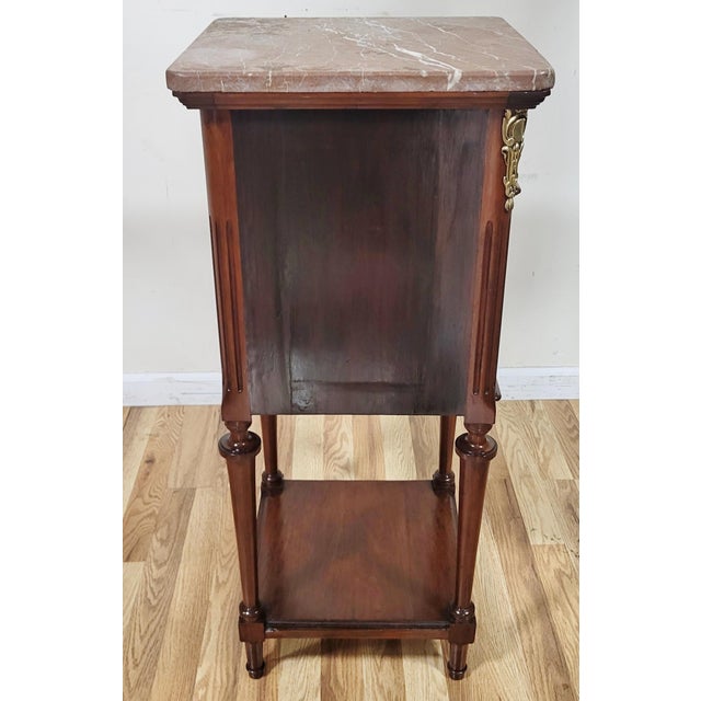Pair French Louis XVI Parquetry Inlaid Bronze & Marble Top Nightstands For Sale - Image 16 of 18