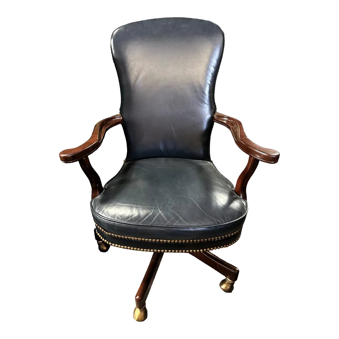 Quaker Furniture Hickory North Carolina Dark Blue Leather Swivel Chair