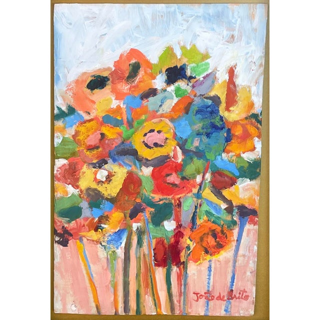 This is a cheerfully colored impressionistic still life painted on found board with slightly asymmetrical measurements...