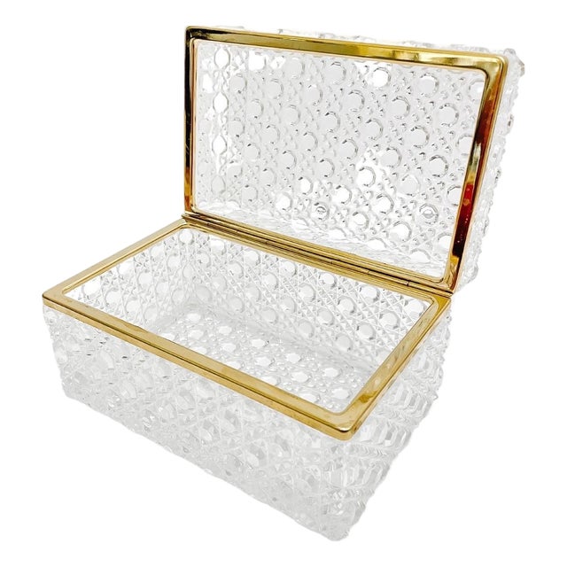 Mid 20th Century French Diamond Cut Crystal Hinged Casket Box With Brass Frame For Sale