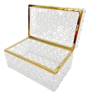 Mid 20th Century French Diamond Cut Crystal Hinged Casket Box With Brass Frame