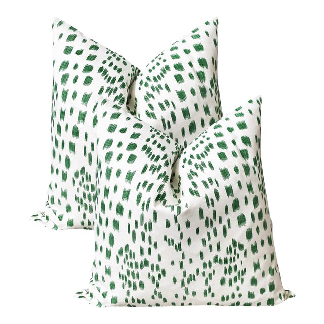 Green Two-Sided Spotted 22" Down Pillows - a Pair For Sale