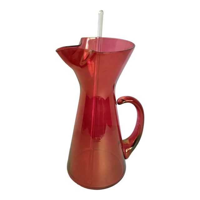 Vintage Hand Blown Glass Pitcher With Glass Stir Stick For Sale