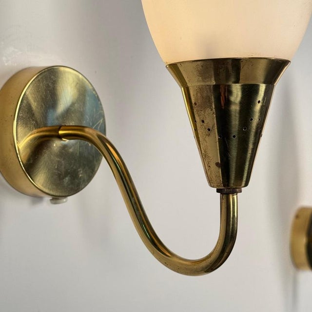 Brass Wall Lamps with Opaline Glass by Paavo Tynell, 1940s, Set of 2 For Sale - Image 15 of 18