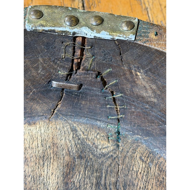 Brass Antique Primitive Hand-Carved Wooden Bowl With Folk Art Wire Stitching and Brass Studded Rim For Sale - Image 8 of 9