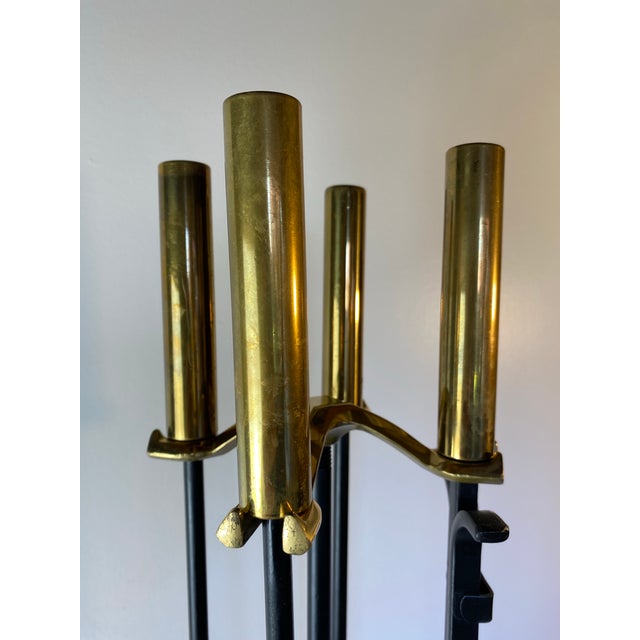 Modern Brass and Black Metal Fireplace Tool Set 4-Piece With Stand For Sale In Seattle - Image 6 of 9