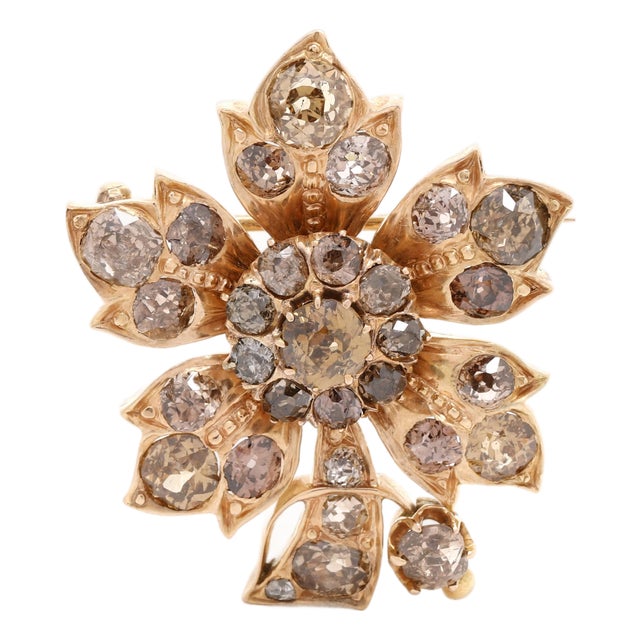 Antique 3.85ctw Brown Diamond Flower Brooch, 14k Yellow Gold, Length 1.25 In For Sale