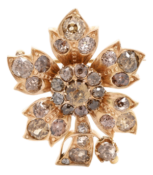 Antique 3.85ctw Brown Diamond Flower Brooch, 14k Yellow Gold, Length 1.25 In