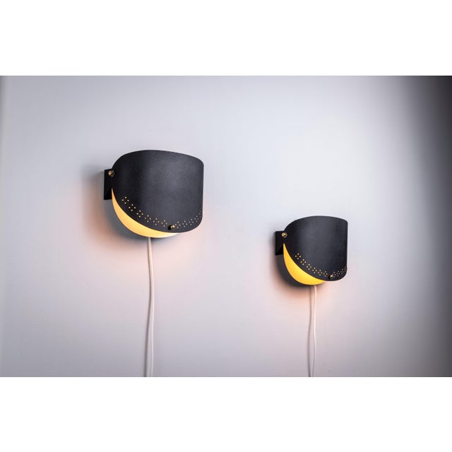 Matte Black Wall Lamps with Perforated Shades and Brass Details, Set of 2 For Sale - Image 16 of 16