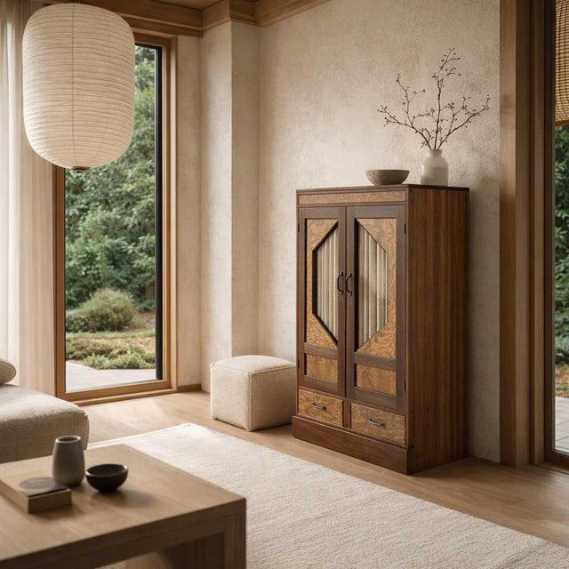 Japanese Antique Refinished Cabinet With Figured Wood Panels and Fabric Inserts For Sale - Image 16 of 17