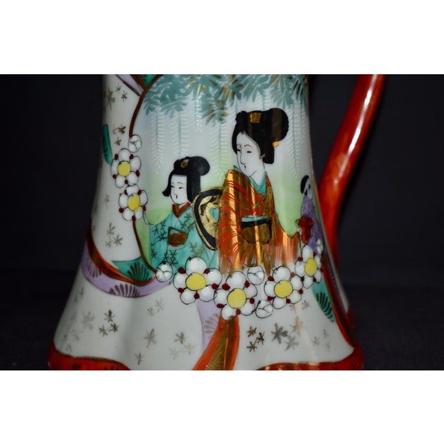 Antique Porcelain Pitcher Japanese Kutani Geisha Ware Hand Painted Gold Red Jug For Sale - Image 11 of 12