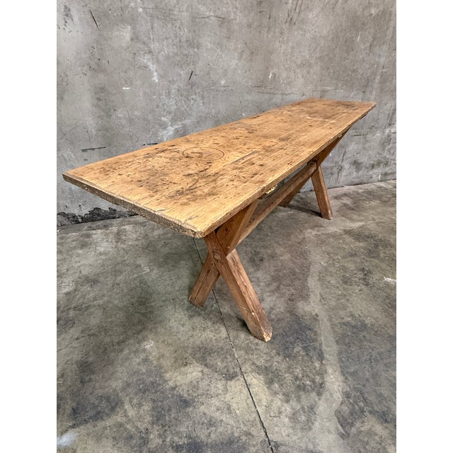 Mid 19th Century Antique Swedish Pine Sawbuck Console Table X Base Trestle Scrubbed Primitive 79 For Sale - Image 5 of 7