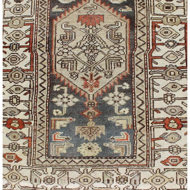 Long Persian Kurdish Runner With Medallion Design in Charcoal, Ivory and Red For Sale - Image 9 of 14