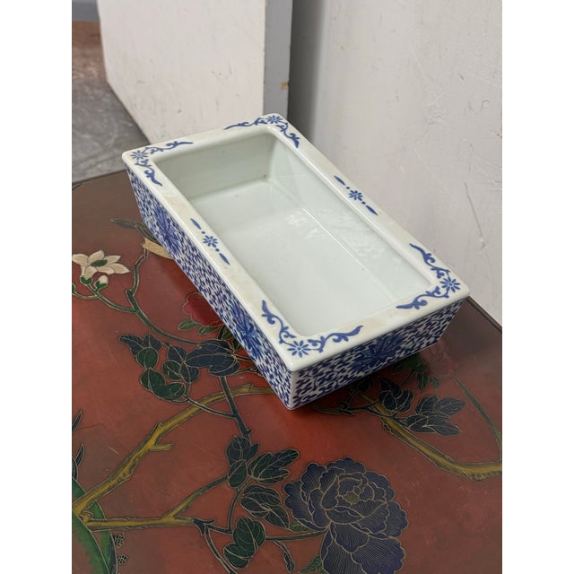 Chinese Blue + White Floral Ceramic Rectangular Planter, Vintage For Sale - Image 3 of 12