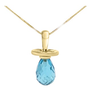 14K Yellow Gold and Blue Quartz Pacifier Pendant Necklace - 18" Inches For Sale