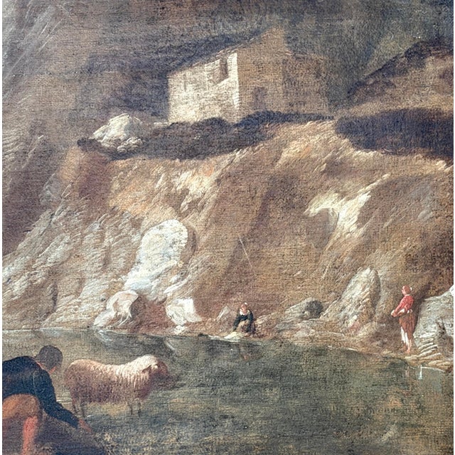 18th Century Dutch/ Flemish Italianate Pastoral River Landscape with Shepards For Sale - Image 16 of 18