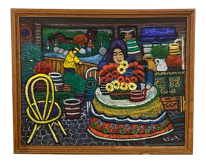Mid 20th Century "Yellow Chair" Expressionist Folk Art Style Interior Scene Oil Painting by Bea Haverbusch, Framed
