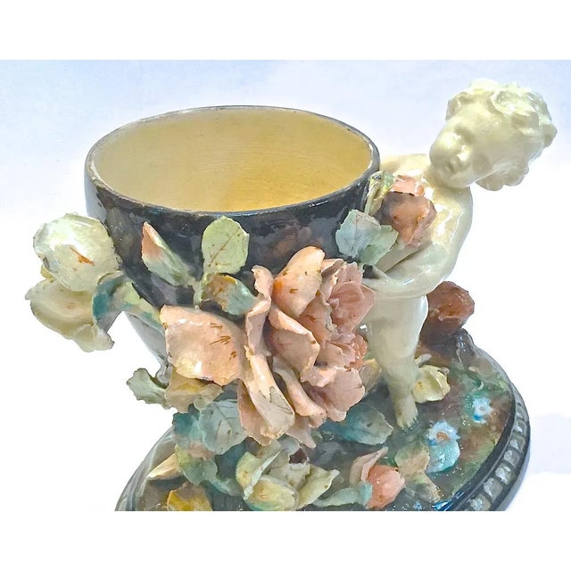 Antique French Barbotine Majolica Cherub & Floral Urn Jar For Sale - Image 10 of 11