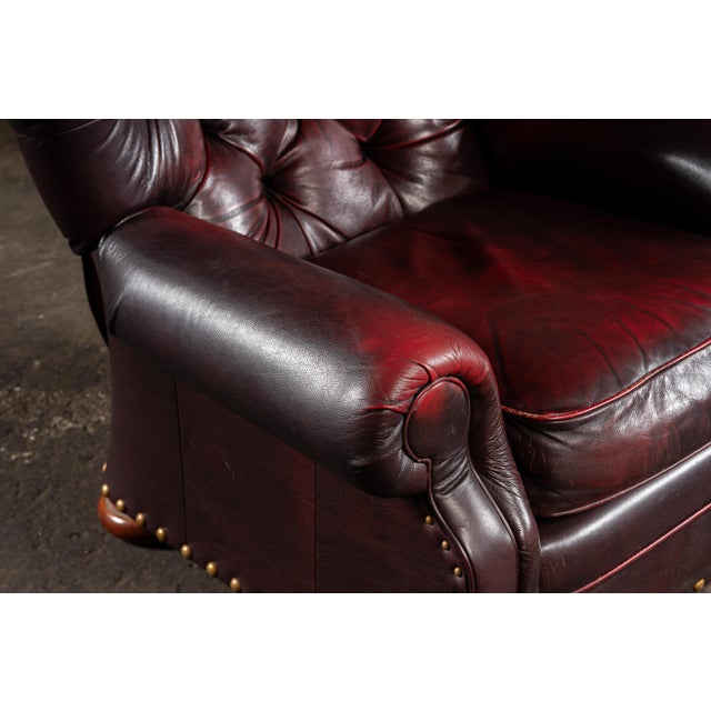 Tufted Churchill Style Recliner With Ottoman in Oxblood For Sale - Image 11 of 15