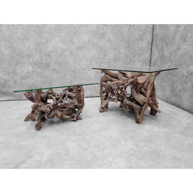 Mid Century Drift/Teak Root Live Edge Rectangle Glass Top Side Table - Set of 2 For Sale - Image 4 of 6