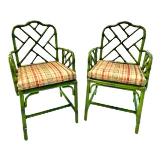Pair of Green Bamboo & Rattan Armchairs For Sale