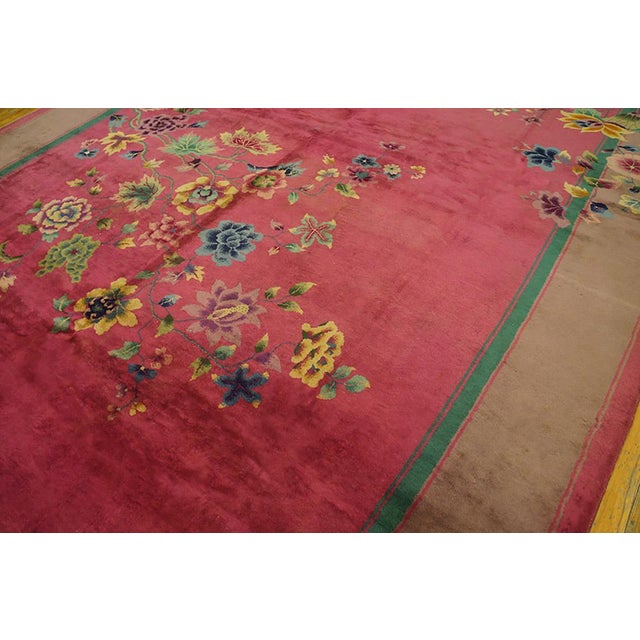 1920s Pink Floral Antique Chinese Art Deco Rug 9' X 11'6" Handknotted Wool Carpet For Sale - Image 4 of 6