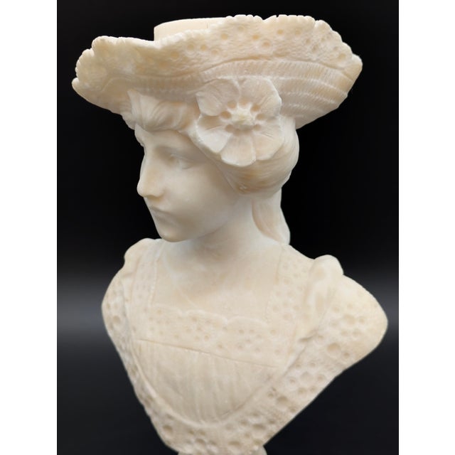 Stone Antique Art Nouveau Carved Italian Alabaster Bust: Woman in Hat (After Cipriani) For Sale - Image 7 of 10