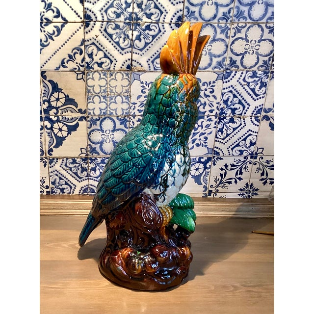 Blue Late 20th Century Vintage Large Parrot Cockatoo on Perch Glazed Ceramic Bird Sculpture in Vibrant Blue and Orange Polychrome For Sale - Image 8 of 10