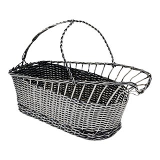 Vintage Handmade Silverplate Wire Wine Basket With Linen Bottle Wrap, French Country Barware For Sale
