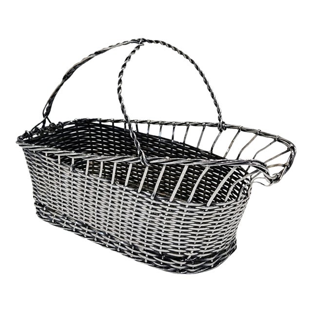 Vintage Handmade Silverplate Wire Wine Basket With Linen Bottle Wrap, French Country Barware For Sale