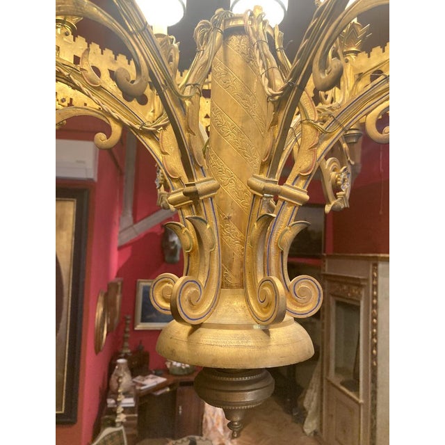 Large 19th Century Italian Gothic Revival Gilt Bronze and Enameld 12 Candle Lights Chandelier For Sale - Image 11 of 18