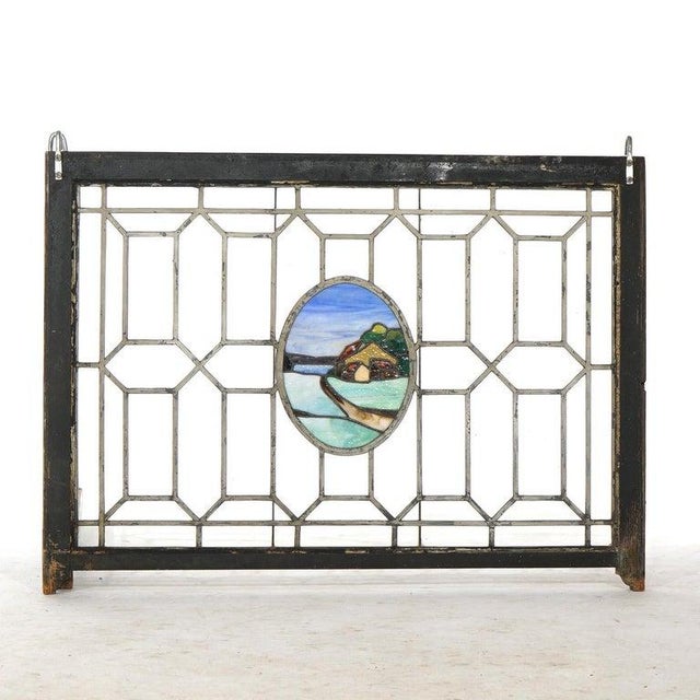 Arts & Crafts Antique Arts & Crafts Leaded & Stained Glass Window With Country Road Circa 1910 For Sale - Image 3 of 14