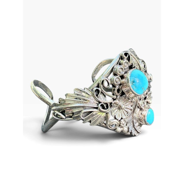 Native American 1980s Harry B. Yazzie Navajo Sterling Silver & Turquoise Floral Cuff Bracelet For Sale - Image 3 of 10