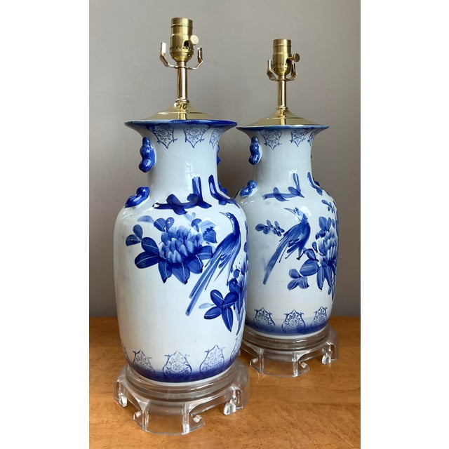 Vintage Glazed Ceramic Blue and White Lamps - A Pair For Sale In West Palm - Image 6 of 12