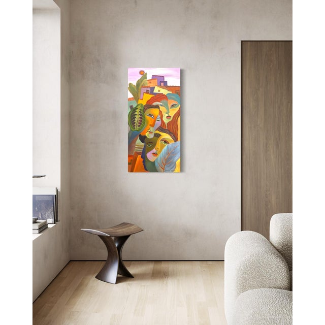 Purple Marc Zimmerman "Falling Leaves" Oil Painting, Three Figures in Tropical Village, Vertical Format, Warm Palette, Contemporary Art West Coast For Sale - Image 8 of 9